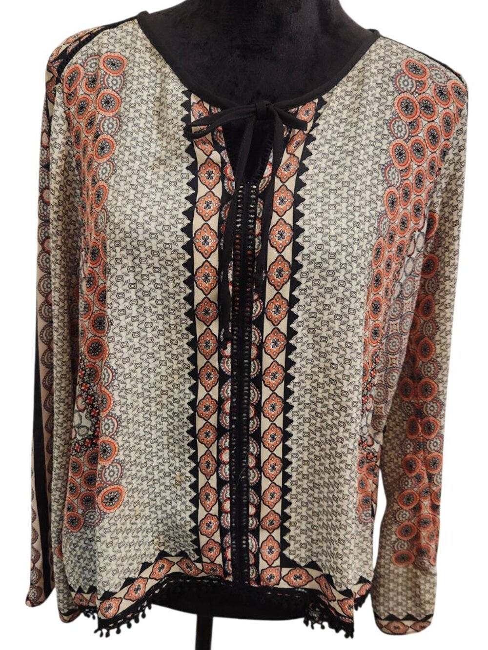 DINA BE Boho Indie Multi Color Patterned Blouse Black Crochet Size M